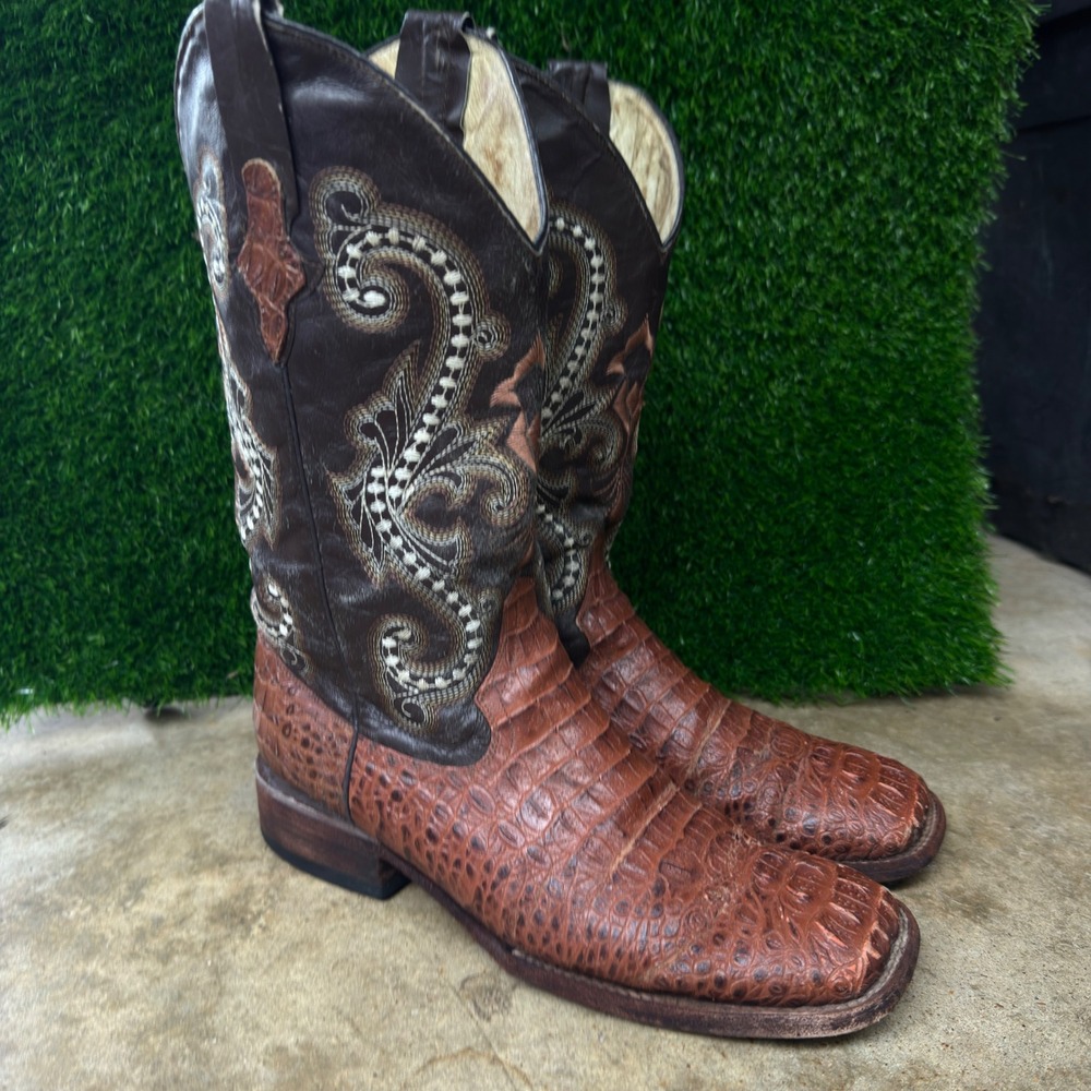 Vintage Ferrini Boots Brown Leather Caiman Croc Print Square Toe Western 9D
